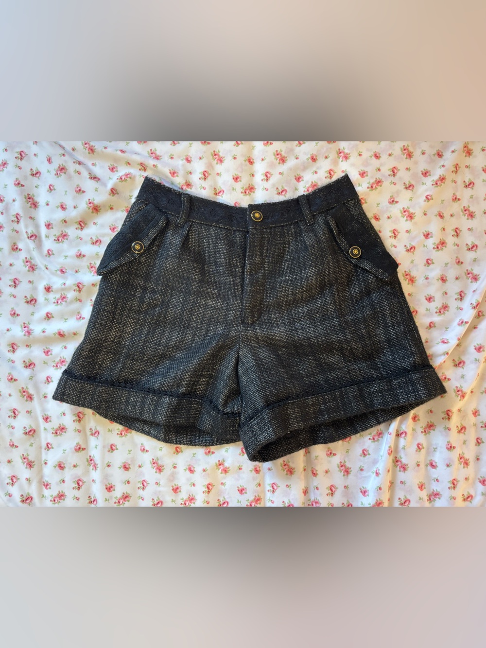 High-Waist Black Textured Bermuda Shorts with Gold Buttons
